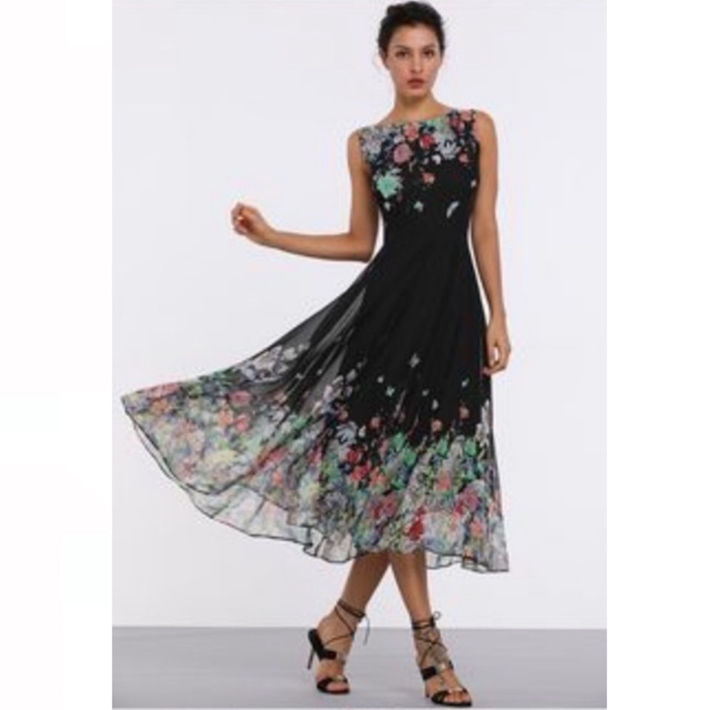 FLORY DAY l Black Floral Sleeveless Fit and Flare Midi Dress NWT Large
